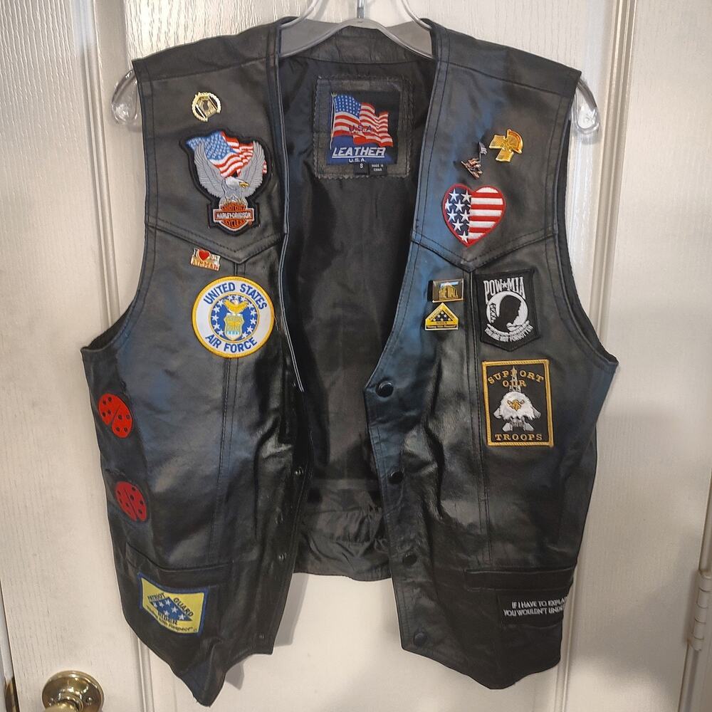 Leather Vest with POW-MIA and Military Patches Size S